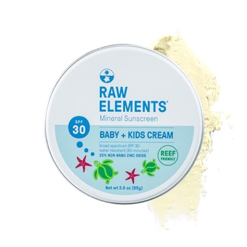 Raw Elements Baby + Kids LSF 30 Bio-Sonnencreme Lotion ohne Nano-Zinkoxid, griffsicher, tierversuchsfrei, sanft und feuchtigkeitsspendend, Zero Waste Dose, 85 ml