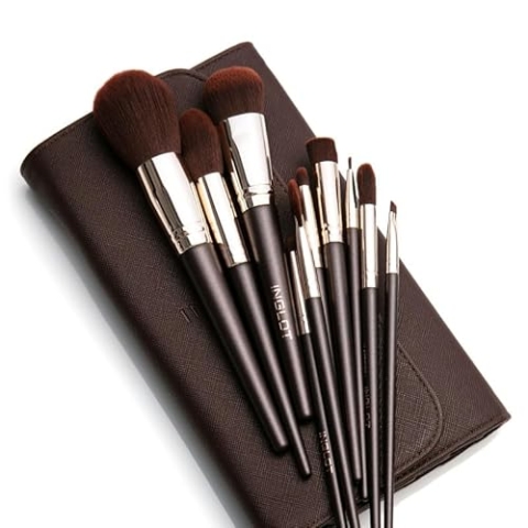 Zehn Make-up-Pinsel Set, Professionell, Mit Etui und Tasche, Weiche Synthetische Borsten, Braune Griffe, Glänzende Kappen