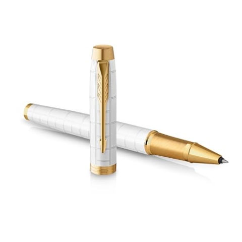 Parker IM Rollerball Tintenroller | Perlfarbene Premium-Lackierung mit goldenen Zierteilen | Feine Schreibspitze mit schwarzer Nachfüllmine | Geschenkbox