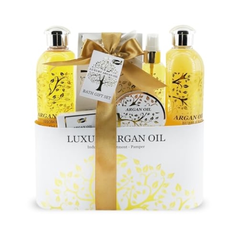 GLOSS!| Beauty-Set für Damen | Damen Geschenkbox Arganöl Kollektion Holz Box | Schaumbad, Badesalz, Duschgel, Körperspray, Peeling & Seife | Muttertag, Jubiläum, Weihnachtsgeschenke