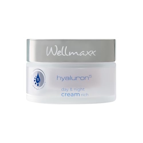 WELLMAXX hyaluron⁵ day & night cream rich - Anti-Aging, reichhaltige 24h Creme, mit 5-fach Hyaluron, für jeden Hauttyp geeignet, Feuchtigkeitspflege, DERMATEST® “sehr gut”, 50 ml
