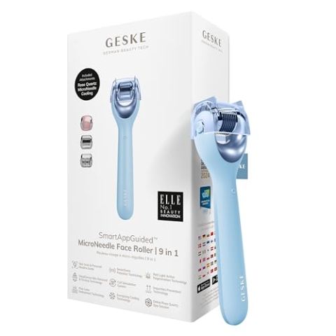 GESKE | SmartAppGuided™ MicroNeedle Face Roller | 9 in 1 | mit Rosenquartz | Microneedling | Professionelles Mikroneedlinggerät | Needleroller | Beauty Roller Gesicht | Mikroneedlingroller