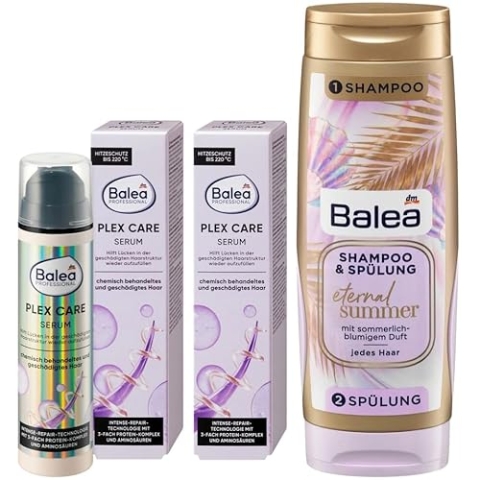 Balea 3er-Set Haarpflege: Professional Leave-In-SERUM PLEX CARE stärkt geschädigtes Haar, baut auf, glättet die Haarstruktur (2 x 50 ml) + Twinpack ETERNAL SUMMER Shampoo & Spülung (300 ml), 400 ml