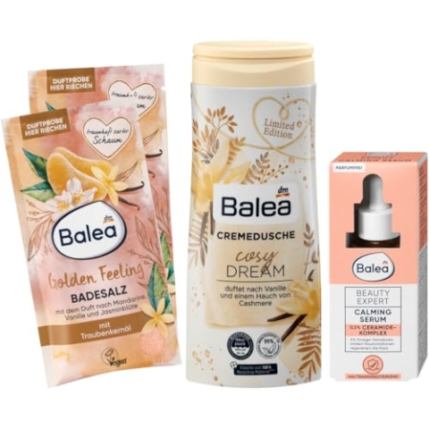 Balea 4er-Set Körperpflege: GOLDEN FEELING Badesalz mit Mandarinen-Duft (2 x 80 g), 160 g + Beauty Expert CALMING SERUM beruhigt & regeneriert (30 ml) + COSY DREAM Cremedusche Vanille (300 ml), 330 ml