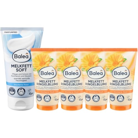 Balea 5er-Set Hautpflege: Melkfett SOFT zur Vorbeugung & Pflege spröder Hautstellen (150 ml) + Melkfett RINGELBLUME für trockene Haut als Kälteschutz & für Massagen geeignet (4 x 75 ml), 450 ml