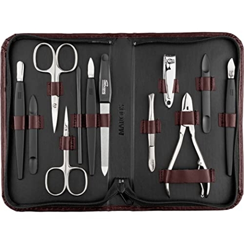 marQus Solingen Mega Maniküre Pediküre Set 12 Teile - Nageletui für Herren und Damen mit allem was man für die Nagelpflege braucht, in hochwertigem Echt-Leder Etui, Weinrot