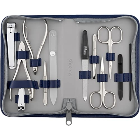 marQus Solingen Maniküre Pediküre Set - 12 Teile in Echt Leder Etui handlich und weich - Komplett Kit mit allem für die Hand- und Fußpflege, Nagelset Blau