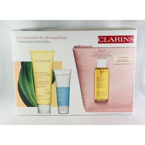Clarins Cleansing Essentials Cream Hydrating Gentle Foaming Cleanser 125 Ml, Fresh Scrub 50 Ml, Hydrating Toning Lotion 50 Ml, Cosmetic Bag