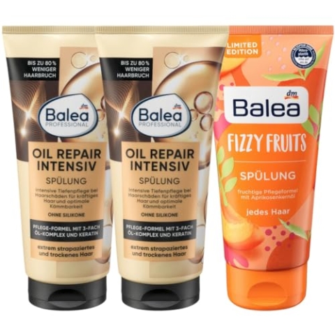 Balea 3er-Set Haarpflege: Professional SPÜLUNG OIL REPAIR Intensiv Conditioner strapaziertes trockenes Haar (2 x 200 ml) + Haarspülung FIZZY FRUITS mit Aprikosenkernöl & Provitamin B5 (200 ml) 600 ml