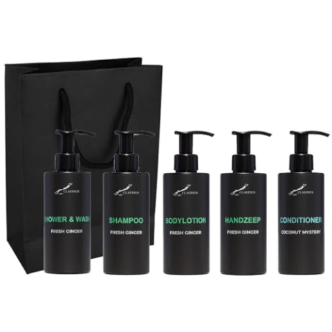 Komplettpaket Fresh Ingwer - Shower & Wash + Shampoo + Body Lotion + Handseife + Kokos-Conditioner - 300 ml pro Flasche - Komplettset von 5 Stück - mit Geschenktasche