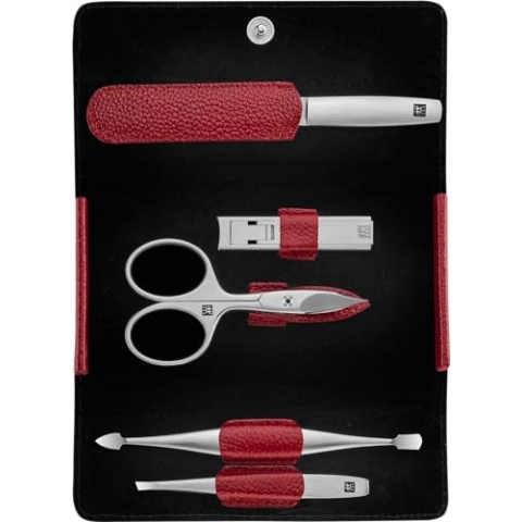 ZWILLING Maniküreset (5 Teilig, Druckknopf-Etui, Nappaleder, Pediküre, mit Nagel- und Hautschere), Premium, Rot