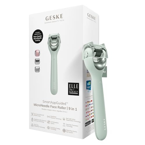 GESKE | SmartAppGuided™ MicroNeedle Face Roller | 9 in 1 | mit Rosenquartz | Microneedling | Professionelles Mikroneedlinggerät | Needleroller | Beauty Roller Gesicht | Mikroneedlingroller