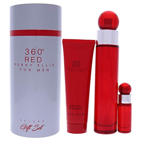 Perry Ellis Red Eau De Toilette Spray + Mini Edt Spray + Shower Gel In Tube Box For Men Gift Set