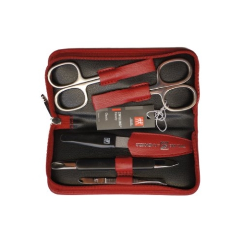 Zwilling 97247-035 Manicure-Etui (5-teilig), Leder-Reißverschluss-Etui (rot), Instrumente vernickelt