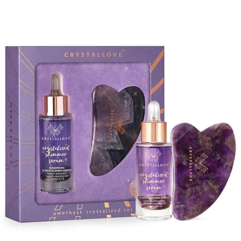 CRYSTALLOVE Gesichtsserum mit Gua Sha Stein - Amethyst- Serum für jede Haut - 30ml - Vitamin E,C - Glättendes, aufhellendes und regenerierendes Serum für Gesicht, Hals - Guasha Board