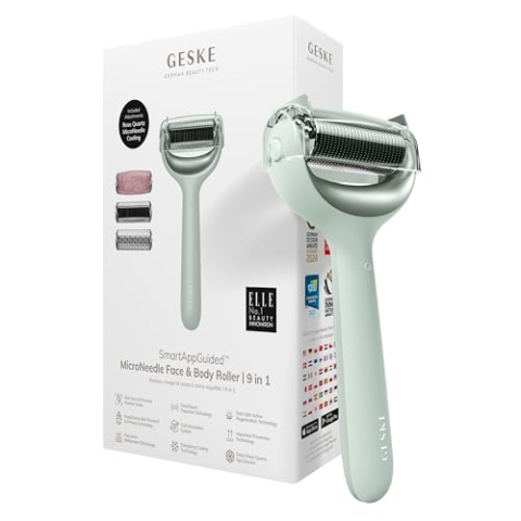 GESKE | SmartAppGuided™ MicroNeedle Face & Body Roller | 9 in 1 | Derma Roller | mit Rosenquartz- & Kühlaufsatz | Elektrisches Microneedling-Gerät | Nadelroller | Beauty Roller für Gesicht und Körper