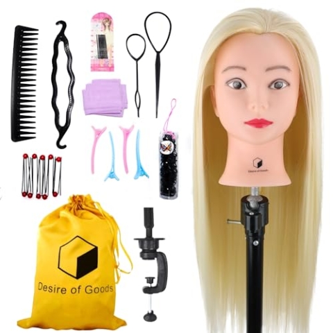 Desire Of Goods Friseurkopf mit Übungskopfständer, Training Make-Up Kopf, 70cm langer Echthaar-Puppenkopf zum Stylen, Übungsfrisurenkopf mit Tischklemme und Haarzubehör