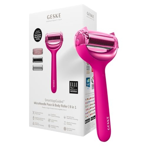 GESKE | SmartAppGuided™ MicroNeedle Face & Body Roller | 9 in 1 | Derma Roller | mit Rosenquartz- & Kühlaufsatz | Elektrisches Microneedling-Gerät | Nadelroller | Beauty Roller für Gesicht und Körper