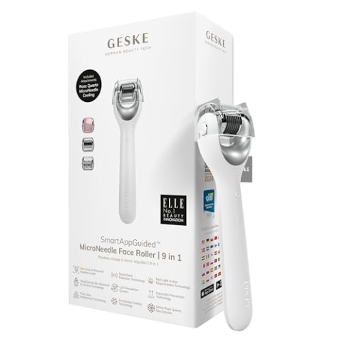 GESKE | SmartAppGuided™ MicroNeedle Face Roller | 9 in 1 | mit Rosenquartz | Microneedling | Professionelles Mikroneedlinggerät | Needleroller | Beauty Roller Gesicht | Mikroneedlingroller