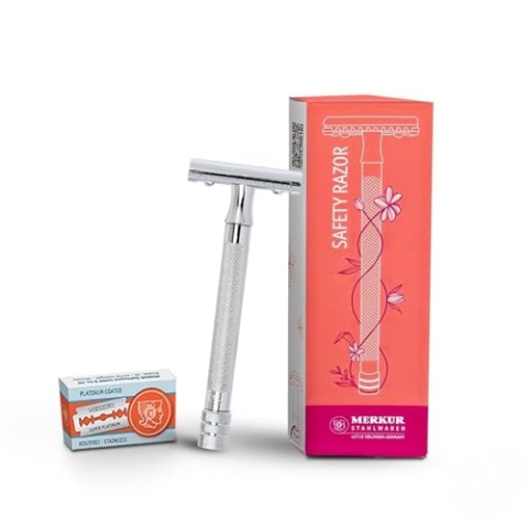 MERKUR 24C Rasierhobel für Damen mit 10 zweischneidigen Klingen | extra langer Griff | Dreiteiliger Rasierer | gerader Schnitt | helles Chrom-Finish | Made in Germany