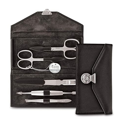nippes Solingen Locks Maniküre Set, 5-teilig, Edelstahl nickel- & rostfrei, Echtes Rindsleder-Nageletui in Schwarz, Nagelpflege Set, Made in Germany / Solingen