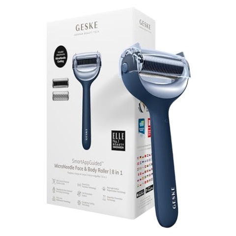 GESKE | SmartAppGuided™ MicroNeedle Face & Body Roller | 8 in 1 | Derma Roller | Elektrisches Microneedling | Nadelroller | Needleroller | Beauty Roller für Gesicht und Körper | kühlender Aufsatz