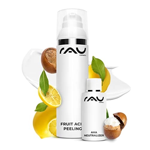 RAU Cosmetics AHA + 2% BHA Fruchtsäurepeeling Fruit Acid Peeling 100 ml & 50 ml Neutralizer - Skincare Peeling bei Mitessern, Unreine, Reife, Trockene Haut - Mandelsäure, Salicylsäure & Lactobionsäure