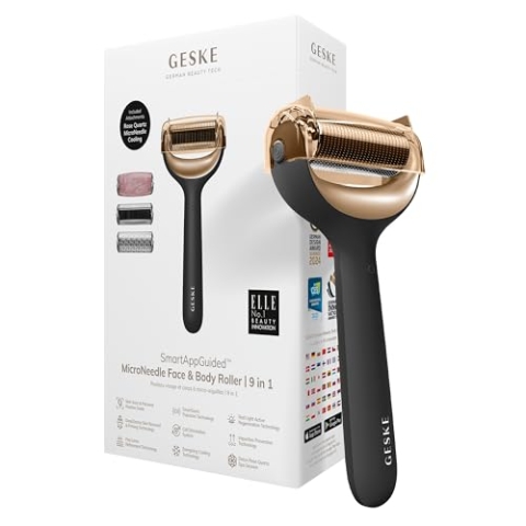 GESKE | SmartAppGuided™ MicroNeedle Face & Body Roller | 9 in 1 | Derma Roller | mit Rosenquartz- & Kühlaufsatz | Elektrisches Microneedling-Gerät | Nadelroller | Beauty Roller für Gesicht und Körper