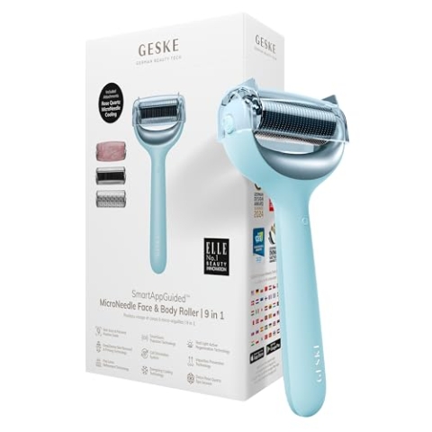 GESKE | SmartAppGuided™ MicroNeedle Face & Body Roller | 9 in 1 | Derma Roller | mit Rosenquartz- & Kühlaufsatz | Elektrisches Microneedling-Gerät | Nadelroller | Beauty Roller für Gesicht und Körper