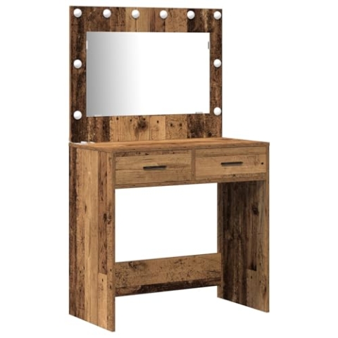 vidaXL Rustikales Holz-Kosmetikset mit integrierter LED-Beleuchtung 2 Stauraumschubladen ideal für Schlafzimmer modernes Makeup verwitterte braune Oberfläche Spiegel Möbel Erwachsene Natur
