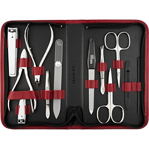 marQus Solingen Maniküre Pediküre Set - 12 Teile in Echt Leder Etui handlich und weich - Komplett Kit mit allem für die Hand- und Fußpflege, Nagelset Rot