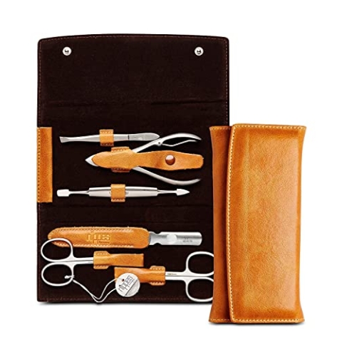 nippes Solingen, Premium Line Maniküre Set, Cognac, Braun, 6 teilig, Edelstahl rost- und nickelfrei, Rindsleder Etui mit Druckknopf, Nagelschere, Nagelpflege