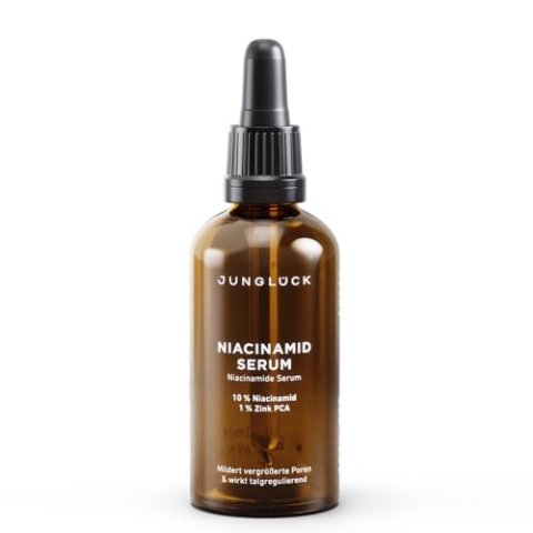 JUNGLÜCK Niacinamide Serum Hochdosiert - Anti Aging Serum - 10% Niacinamid und 1% Zink - Gesichtsserum gegen unreine Haut und Rötungen, Verfeinert Poren für ein klares Hautbild gegen Pickel & Mitesser