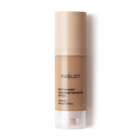 Inglot Illuminierende Foundation mit Hautpflege-Vorteilen | Sonnenschutz | Vegane Formel | Skin Focused Care Gesichtsfoundation SPF 50 | 30 ml 310 Warm Tan