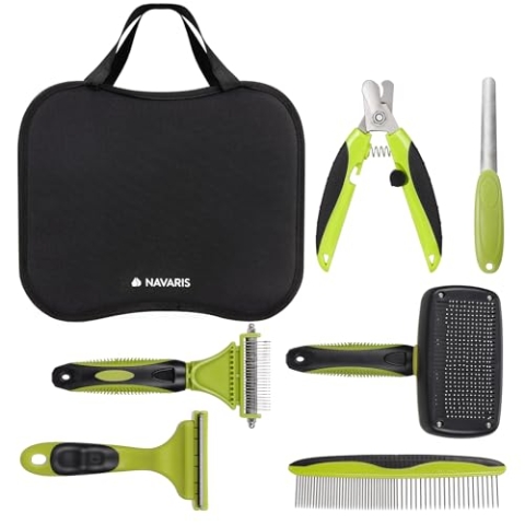 Navaris Premium Haustier-Pflegeset 6-teilig - Fellpflege mit Katzen Bürste und Hunde Bürste - Krallenschleifer für Hunde - Krallenschere Katzen