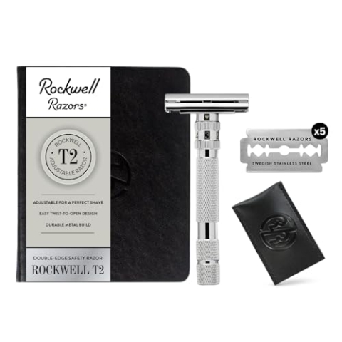 ROCKWELL RAZORS T2 Rasierhobel mit langem Griff, mit unendlichen Rasiereinstellungen, 5 Klingen und Reise-Ledertasche, Weiß Chrom
