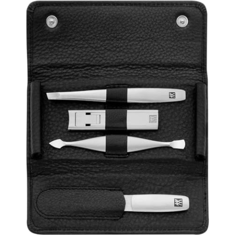 ZWILLING Maniküreset (4 Teilig, Druckknopf-Etui, Echt Leder, Ergonomisches Design, mit Kompakt Nagelknipser), Premium , Schwarz