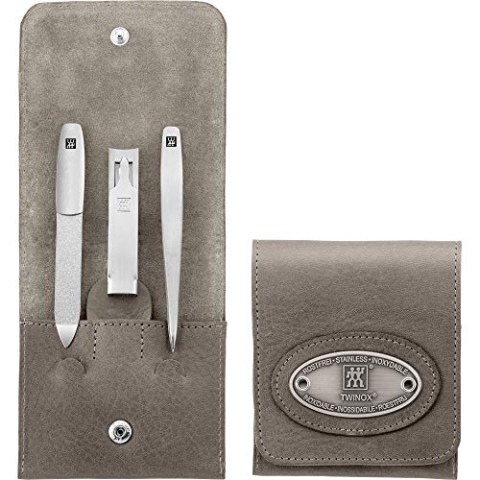 Zwilling TWINOX Maniküre Set 3-teilig Pediküre Pflege Hände Füße Reise Mann Frau Rindleder Taupe Nagelknipser Pinzette Nagelfeile 97647-005-0