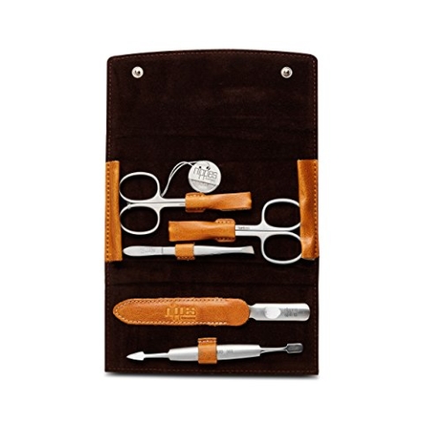 nippes Solingen Premium Line Maniküre Set Cognac, 5-teilig, Edelstahl rost- und nickelfrei, Nagelpflege Set, Echtes Rindsleder-Etui, Maniküre Pediküre, Made in Germany