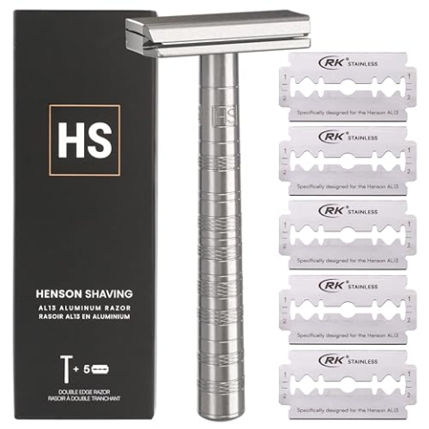 Henson Shaving Razor – Aluminium-Sicherheitsrasierer mit 5 Ersatzklingen – 30° abgewinkelte Präzision mit überlegener Klingensteifigkeit – wiederverwendbare Einklingen-Rasierer für Männer und Frauen –