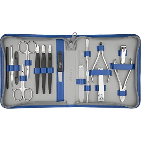 marQus Solingen Maniküre Set - 16 Teile in Kunstleder Etui handlich und weich - Kompletter Kit für Nagelpflege mit allem für die Hand- und Fußpflege, Blau