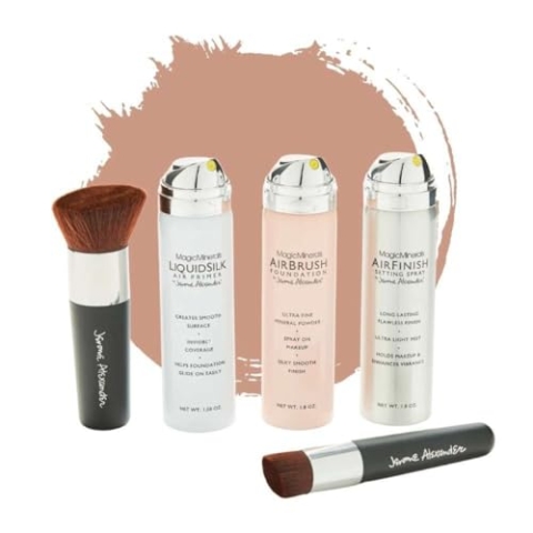 Jerome Alexander Magic Minerals AirBrush Foundation Set 5 St.Foundation + Primer & Fixier Spray + 2 Pinsel – Integriertes Make-up mit Hautpflege feuchtigkeitsspendend (Warm Beige, 50 + 50 + 45 ml)