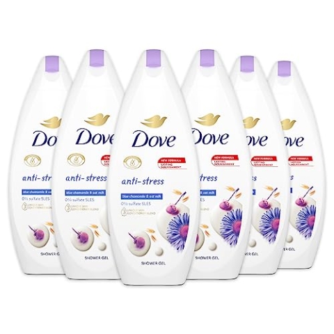 Dove Anti-Stress-Dusche mit Kamille, feuchtigkeitsspendendes Duschgel, milde Formel auf dem Hautmikrobiom, 97%* biologisch abbaubar, Duschbad für Damen und Herren, 12 Stück à 250 ml