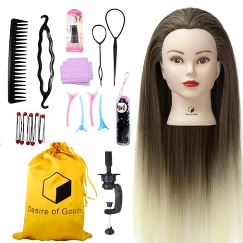 Desire Of Goods Friseurkopf mit Übungskopfständer, Training Make-Up Kopf, 70cm langer Echthaar-Puppenkopf zum Stylen, Übungsfrisurenkopf mit Tischklemme und Haarzubehör