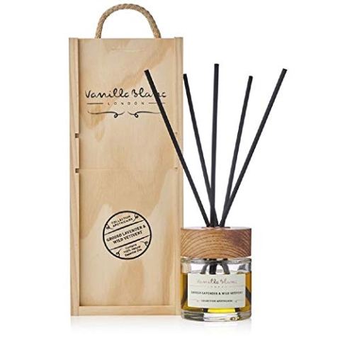 Vanilla Blanc Natürlicher Reed-Diffusor in einer handgefertigten Geschenkbox aus Holz - Grosso Lavender & Wild Vetivert