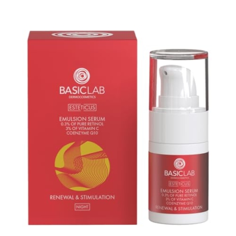 BasicLab Dermocosmetics Emulsion Gesichtsserum mit Retinol, Coenzym Q10 und Vitamin C | 15 ml | Anti-Falten Nachtserum für Frauen