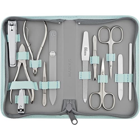 marQus Solingen Maniküre Pediküre Set - 12 Teile in Echt Leder Etui handlich und weich - Komplett Kit mit allem für die Hand- und Fußpflege, Nagelset Mint