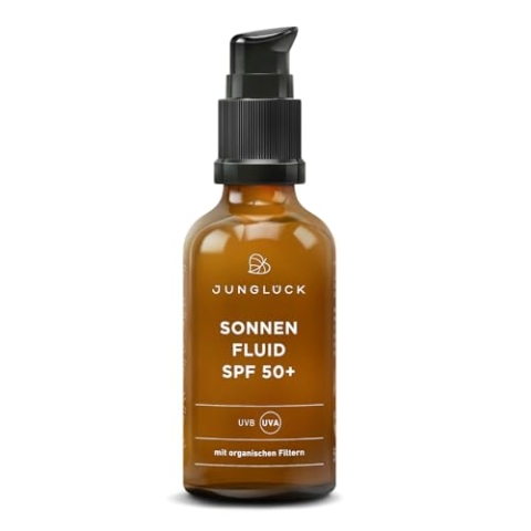 JUNGLÜCK Sonnenfluid Gesicht SPF 50+ - Vegan | Leichte Gesichtslotion mit organischen UVFiltern ohne Weißeleffekt | Breitspektrum mit LSF 50+ schützt vor UV-B- & UV-A-Strahlen