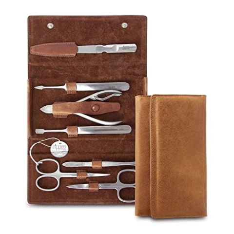 nippes Solingen Maniküre Set Whiskey, 7-teilig, Edelstahl rost- und nickelfrei, Rindsleder-Etui mit Doppeltem Druckverschluss in Cognac-Braun, Nagelschere Set, Made in Solingen/Germany