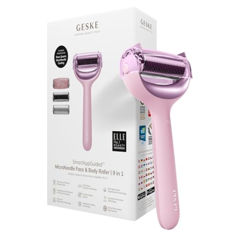 GESKE | SmartAppGuided™ MicroNeedle Face & Body Roller | 9 in 1 | Derma Roller | mit Rosenquartz- & Kühlaufsatz | Elektrisches Microneedling-Gerät | Nadelroller | Beauty Roller für Gesicht und Körper